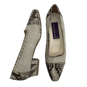 Phyllis Poland Size 6.5 Canvas Leather Slip On Shoes Cream Animal Print Low Heel